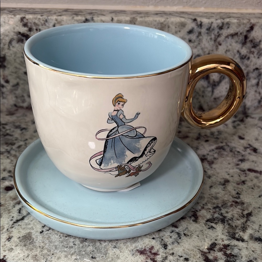 Rae Dunn Blue and Gold Cinderella Mug and Saucer